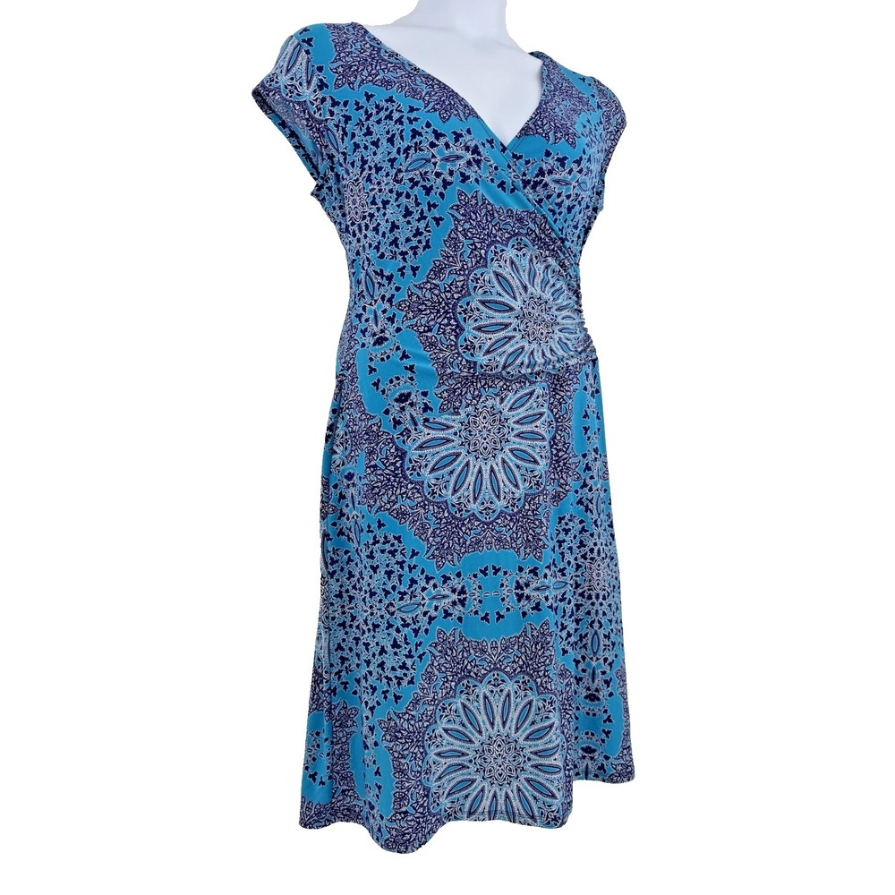 Evan Picone Dress Y2K Ruched stretch blue geometric faux wrap midi A-line 12